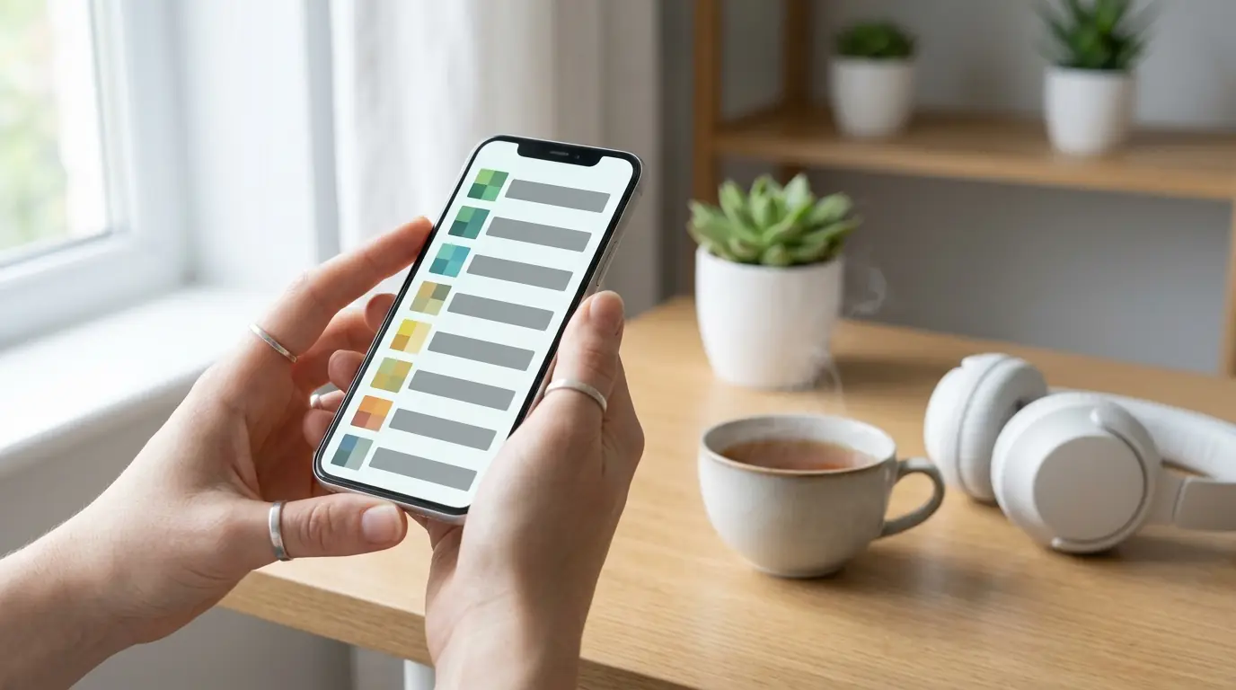 Two hands holding a smartphone that shows a list of colourful song thumbnails