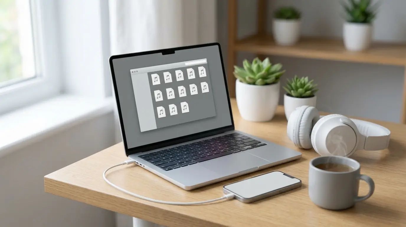 A laptop showing a folder of music files next to a smartphone connected by cable