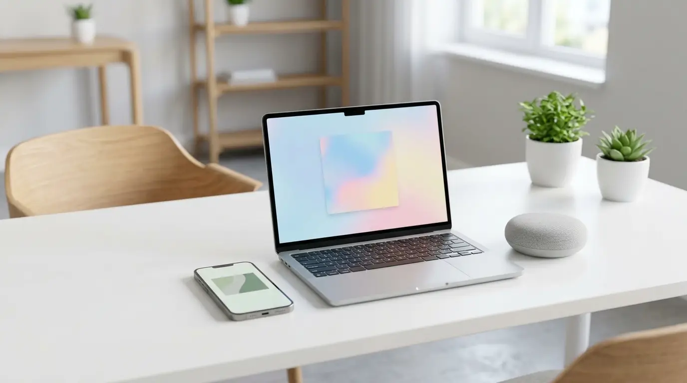 A smartphone, a laptop and a small speaker side by side on a white desk