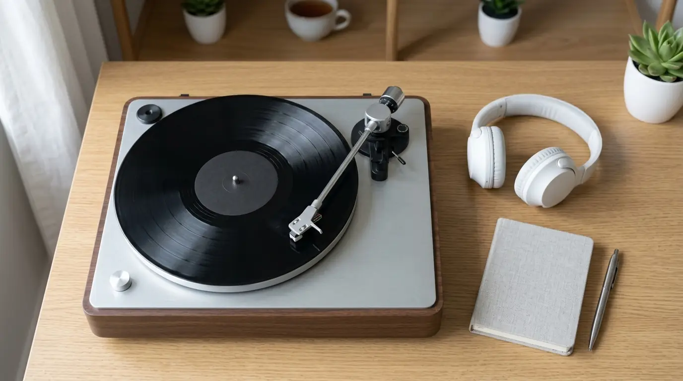 A record player, a vinyl record and headphones seen from above on a table
