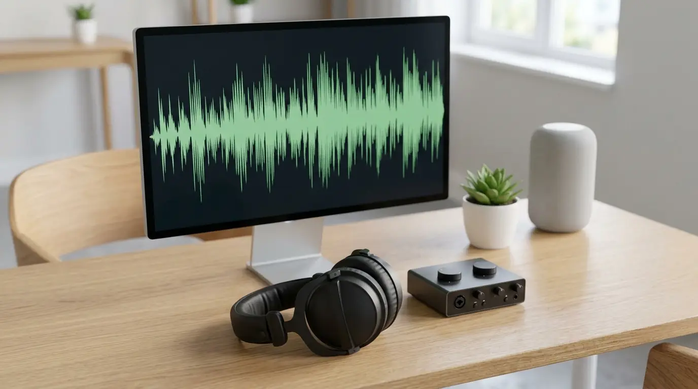 Studio headphones lying in front of a monitor that shows a detailed audio waveform
